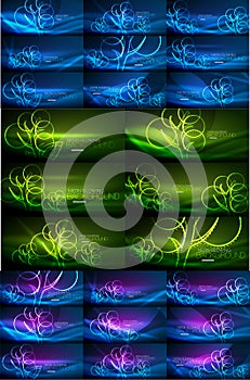 Collection of neon glowing abstract backgrounds, magic energy templates set