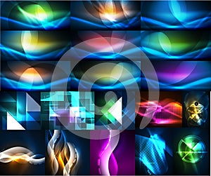 Collection of neon glowing abstract backgrounds, magic energy templates set