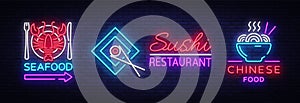 Collection neon signs Food. Set Logos in neon style Sushi, Seafood, Lobster, Chinese food, light emblem, night neon