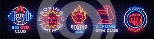 Collection neon signs for sports. Set neon logos emblems for Sports, design template symbols Boxing, Fitness Club, Fight