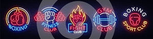 Collection neon signs for sports. Set neon logos emblems for Sports, design template symbols Boxing, Fitness Club, Fight