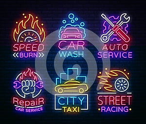 Collection neon signs Transport. Neon logo emblems, Taxi service, Car wash, auto service, car repair, street racing