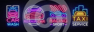 Collection neon signs Transport. Neon logo emblems, Taxi service, Car wash, auto service, car repair, street racing