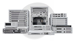 Isometric View of a Set of Network Communication Servers and Equipment Arrayed on a White Background for