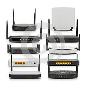 Collection of network routers and modems isolated on white background