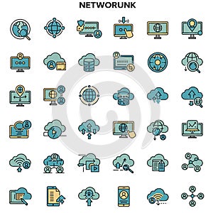 A collection of network-themed icons featuring technology and cloud computing