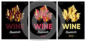 Collection of new labels for wine bottles with red, rose and white wine. black label with a leaf of grapes of gold color