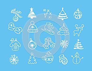 Collection of New Year\'s icons hand drawn in doodle style on a blue background