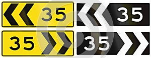 A collection of New Zealand road signs - Chevron with advisory speed