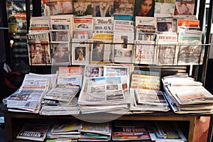 A collection of newspapers neatly stacked on a shelf, serving as an archive of valuable information and news., Newspapers are