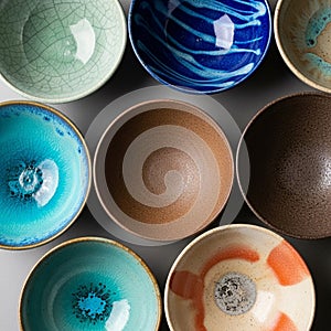 A collection of nine ceramic bowls displayed in a grid pattern