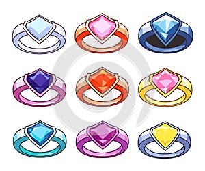 Collection of nine colorful gemstone rings, various colors, shield-shaped jewels cartoon. Different ring bands, diamond