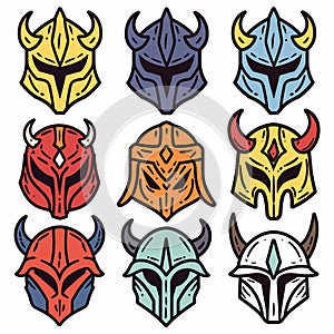 Collection nine colorful warrior helmets fantasy medieval style, helmet features unique design