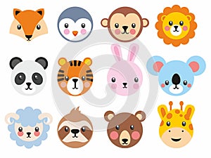 Collection of nine Cute Animals Icons Set Vector