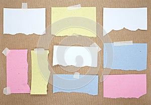 Collection of nine different pieces of paper sheets. Multicolored torn note papers with sticky tape. Mockup for design. Blank temp