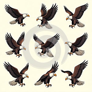Set of Cartoon Bald Eagles in Flight
