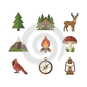 flat design camping and forest nature vector icon set