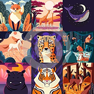 Collection of nine hand drawn illustrations of animals and nature. Beautiful landscapes and wildlife