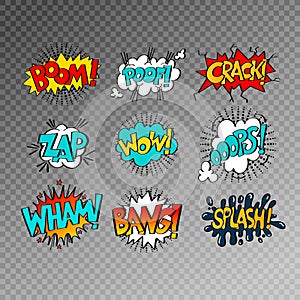 Collection of nine multicolored comic sound effects in pop art s