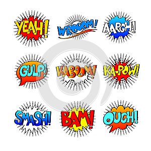 Collection of nine multicolored comic sound effects in pop art s