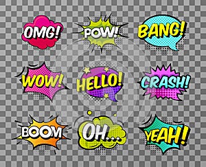 Collection of nine multicolored comic sound Effects on transparent background. Comic speech bubbles set, comic wording
