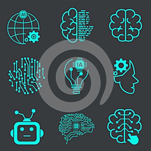 Collection of nine Technology of Artificial Intelligence Vector Line Icons Set. Face Recognition, Android, Humanoid Robot,