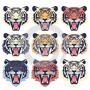 Collection nine tiger faces, showcasing different styles colors, tiger exhibits fierce expression photo