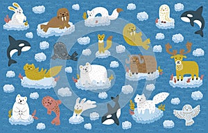 Collection of north pole animals floating on an ice floe. Cute childish cartoon characters. Vector illustration.