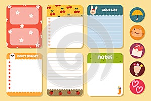 Collection of note paper, to do list for weekly or daily planner, school scheduler and organizer