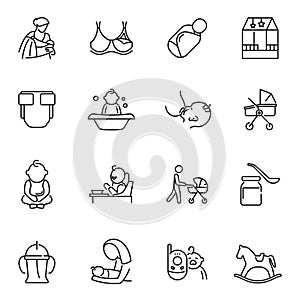 Collection of nursery mother father baby care monochrome icon vector motherhood parenthood childhood