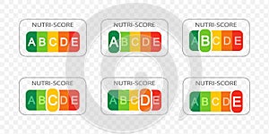 Collection of Nutri Score labels with gradation letters on transparent background. Nutritional quality of foods stickers