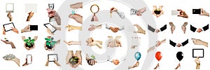 a collection of objects with hand on white background