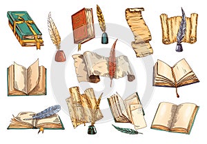 Collection of old books and antique quills with ink-bottle. Set of education and wisdom icon symbol. Vector illusration