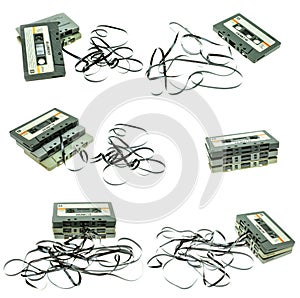 collection of old cassette tape compact on white background