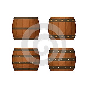 Collection of old kegs with wooden texture. Various hoop configurations.  Cask for whiskey, wine or beer. Cartoon style