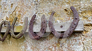 Collection of old rusty horseshoes hanging on a rack