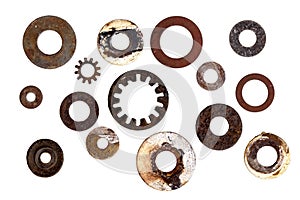 Collection of Old Rusty Washers Isolated photo