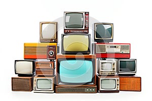 A collection of old vintage retro tv television sets in a stack