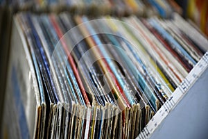 Collection of old vinyl record lp`s with sleeves in storage shelf