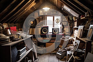 collection of old vinyl records in a dusty attic corner