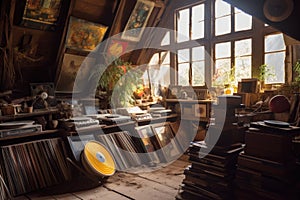 collection of old vinyl records in a dusty attic corner