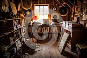 collection of old vinyl records in a dusty attic corner