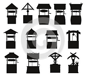 Collection of old water well flat isolated vector Stock Silhouettes