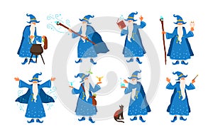 Collection of old wizard making magic isolated on white background. Bundle of elderly sorcerers or fairytale magicians