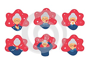 Collection of old woman with different pains