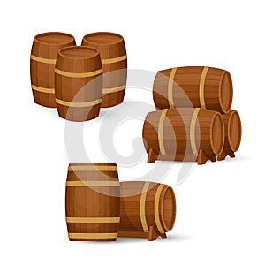 Collection of old wooden barrels in different configurations. Groups of two and three casks. Cartoon style illustration