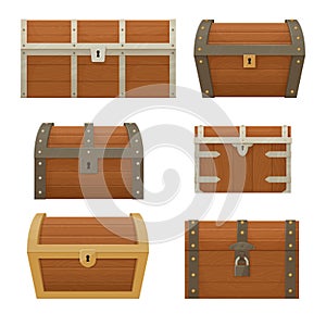 Collection of old wooden chests of various shapes and sizes.  Pirate treasure. Cartoon style illustration.