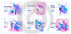 Collection of online training landing pages. People study remotely, courses, university, books. Isometric characters