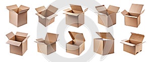 Collection of open cardboard boxes for shipping, isolated on transparent background.