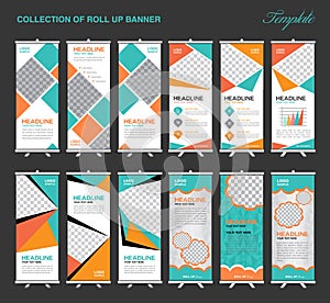 Collection of Orange and green Roll Up Banner Design polygon background